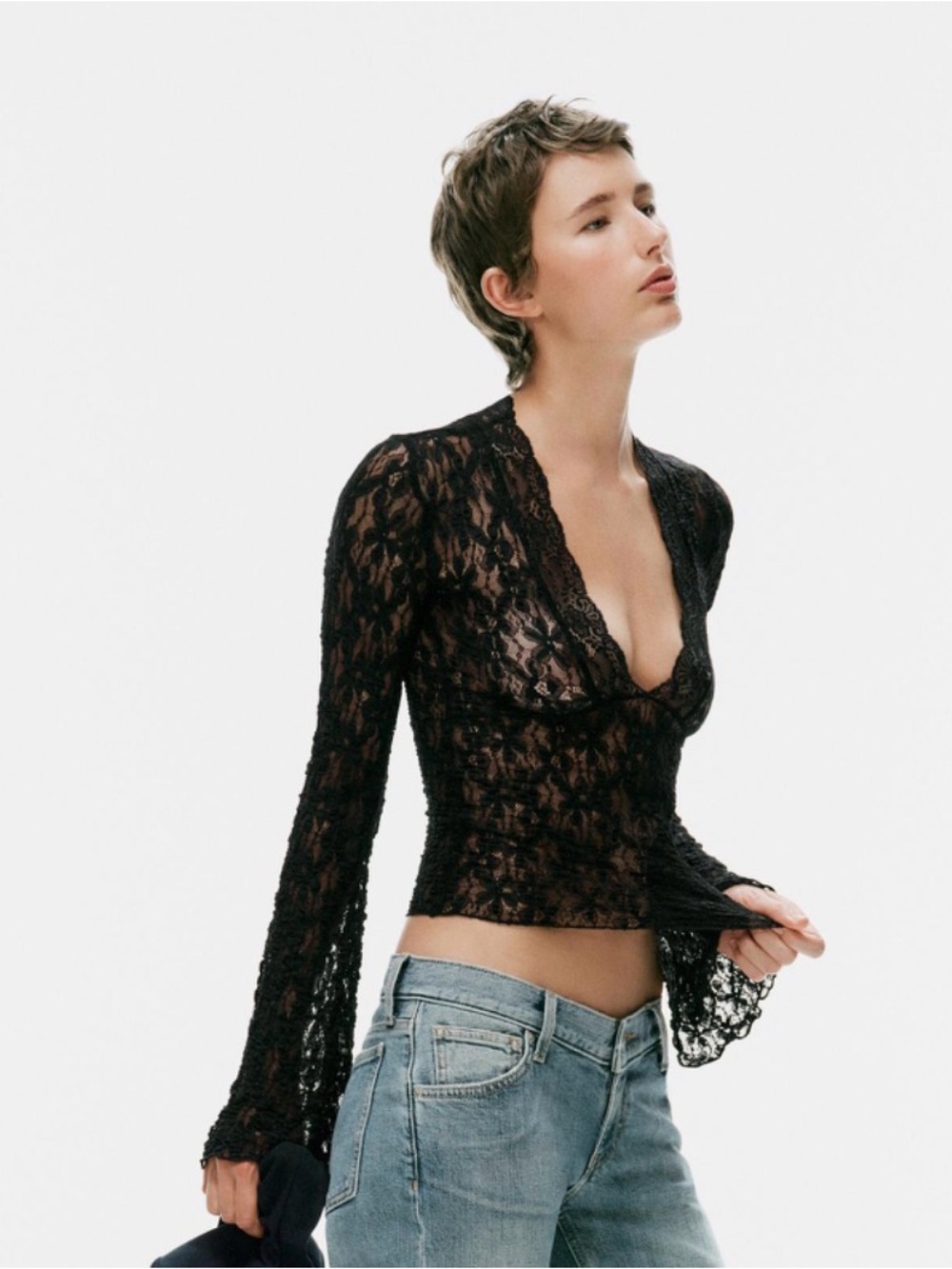 ZARA Lace top with a V-neck and long bell sleeves NEW